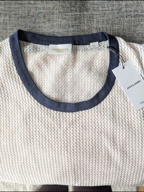 Jack & Jones Cream Knit Sweater with Navy Crew Neck Trim
